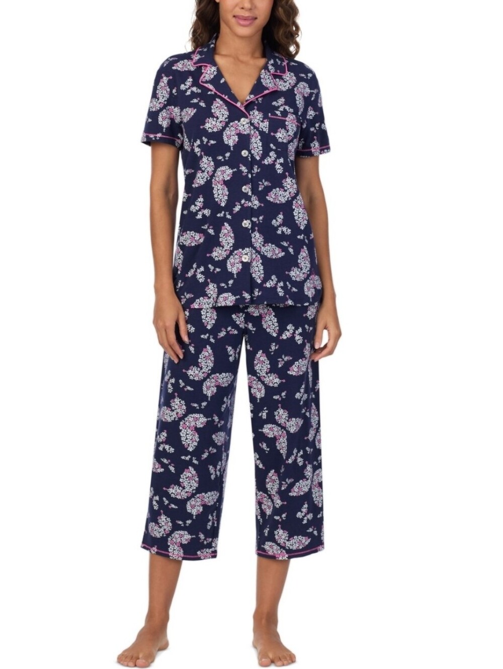 Cuddl Duds Womens Cropped Pajama Set, Navy Print